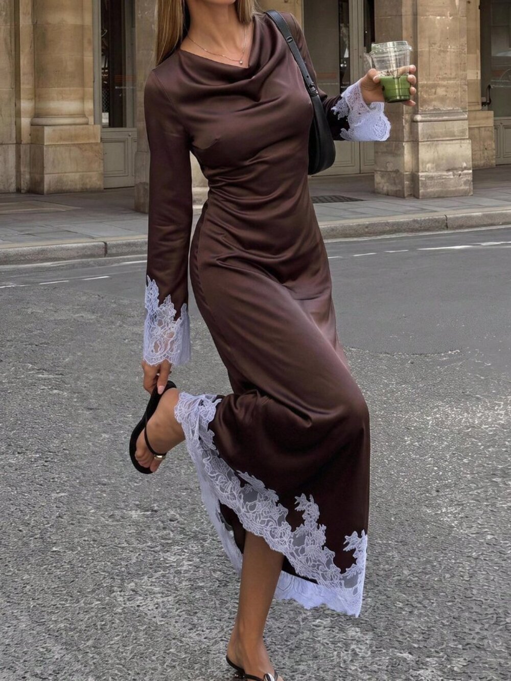 Brown Elegant Women's High-Neck Dress
